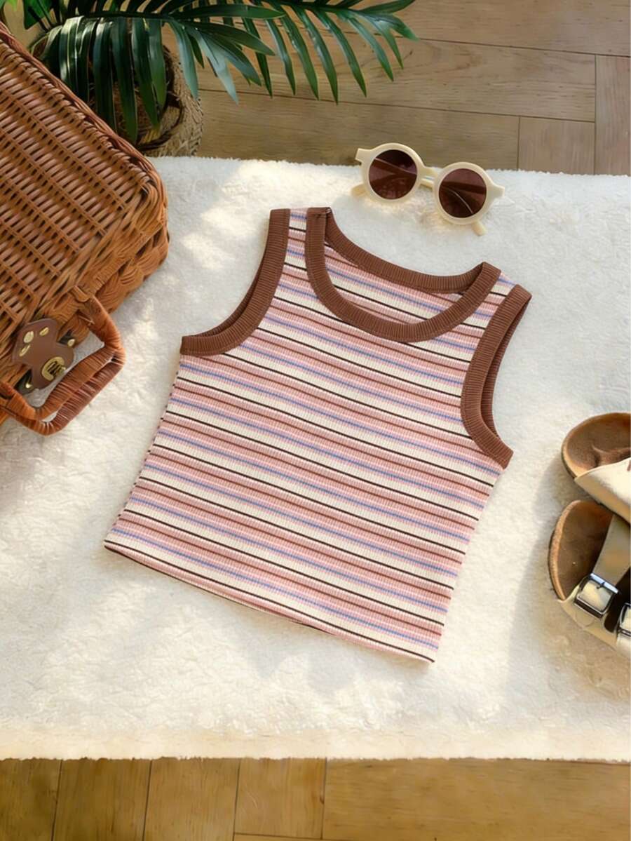 Girls' Striped Sleeveless Top, Cute & Fashionable Comfortable Tank Top, Suitable For Outdoor Activities/Daily Wear, Machine Washable - Pink - View 1