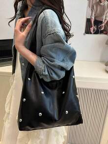 Túi xách tay thời trang dáng suông màu trơn mờ 2025, túi đeo vai cỡ lớn tiện dụng, kiểu dáng punk đinh tán. - màu đen - Xem 5