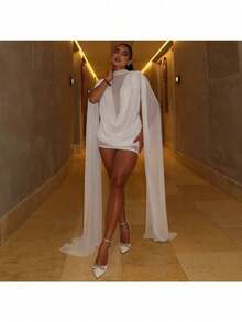 Women's Fashion Semi-Turtleneck Double-Layer Spliced Mesh Streamer Hip-Hugging Hot Girl Dress Nude Draped Sash Mini Dress - Luxury Sleeveless Ruched Bodycon Gown For Banquet & Date - 白色 - 查看 2