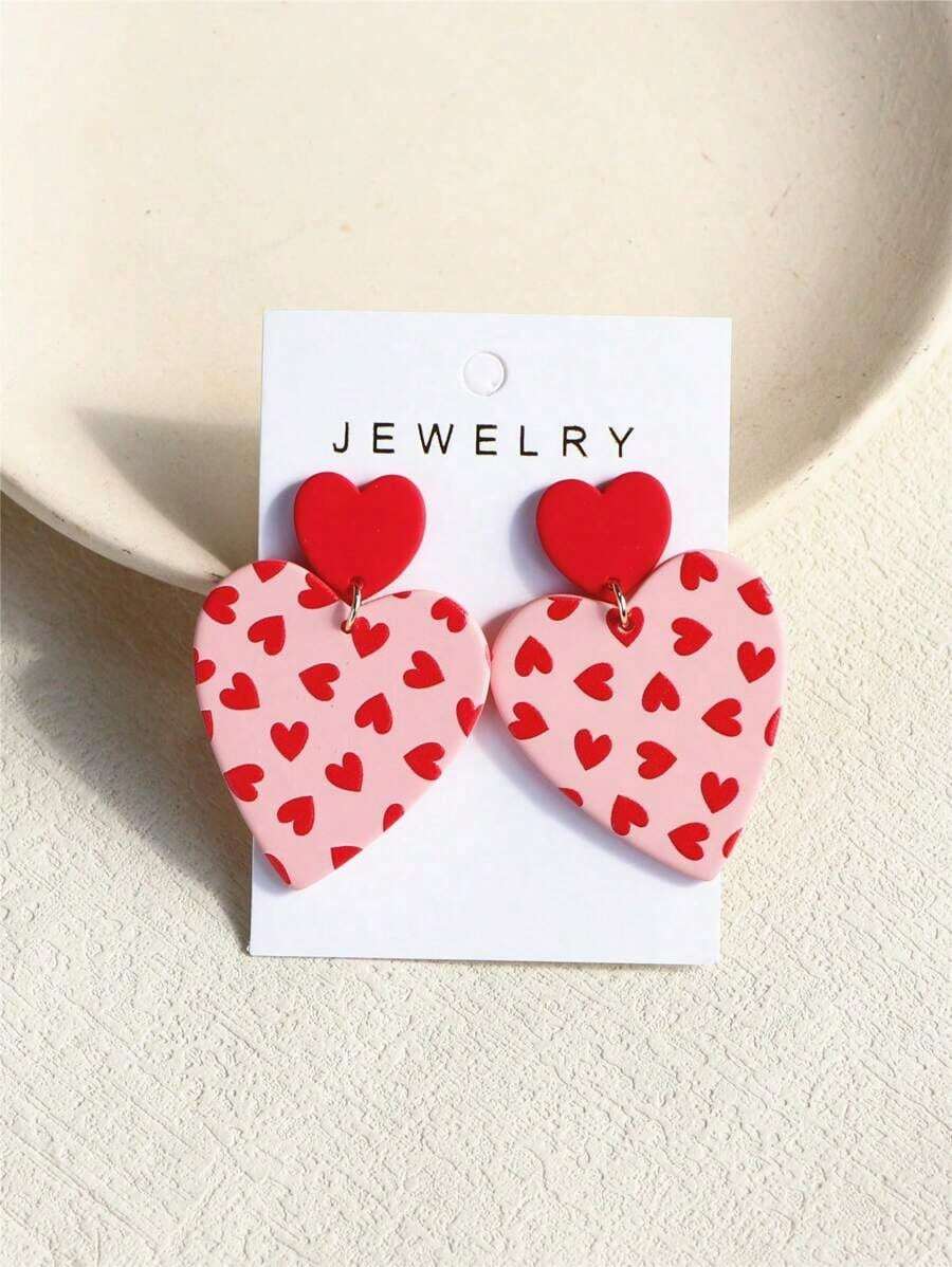 1 Pair Valentines Heart Pattern Red & Pink Ceramic Effect Sexy Acrylic Party Earrings For Women Valentines,Mom,Mother,Mother's Day,Gift - Nhiều màu - Xem 1