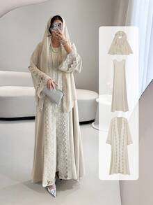 女士长袍套装，蕾丝边开襟长袍，内含无袖连衣裙和雪纺头巾 - 轻盈、端庄、透气，适合春夏穿着，优雅派对礼服