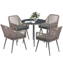Outsunny 4 Seater Rattan Dining Set, Rattan Garden Furniture Set With Parasol Hole, Outdoor Dining Table And Chairs Set With Cushions, Round Glass Top Table For Patio, Balcony, Light Brown - Brown - View 9