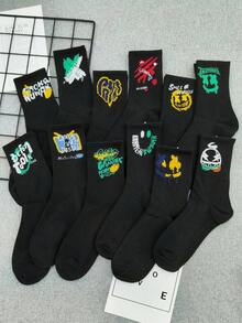 1/5/10 Pairs Random Graffiti Letter Fabric Cartoon Skateboard Street Style Basketball Socks, Crew Length High Waist Sports Socks, Unisex, All Season - White - View 2