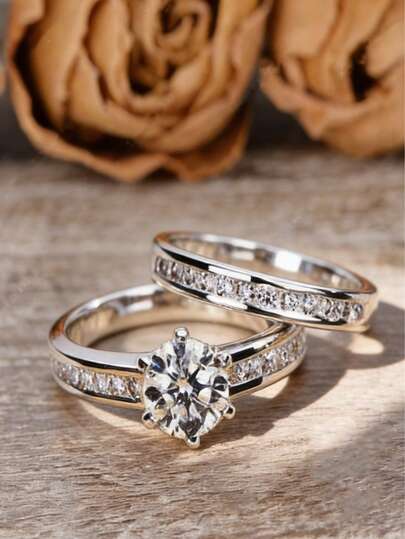 2枚/套 女士合成锆石结婚戒指，适合婚礼、周年纪念、情人节礼物、生日、全年佩戴（不含包装盒）