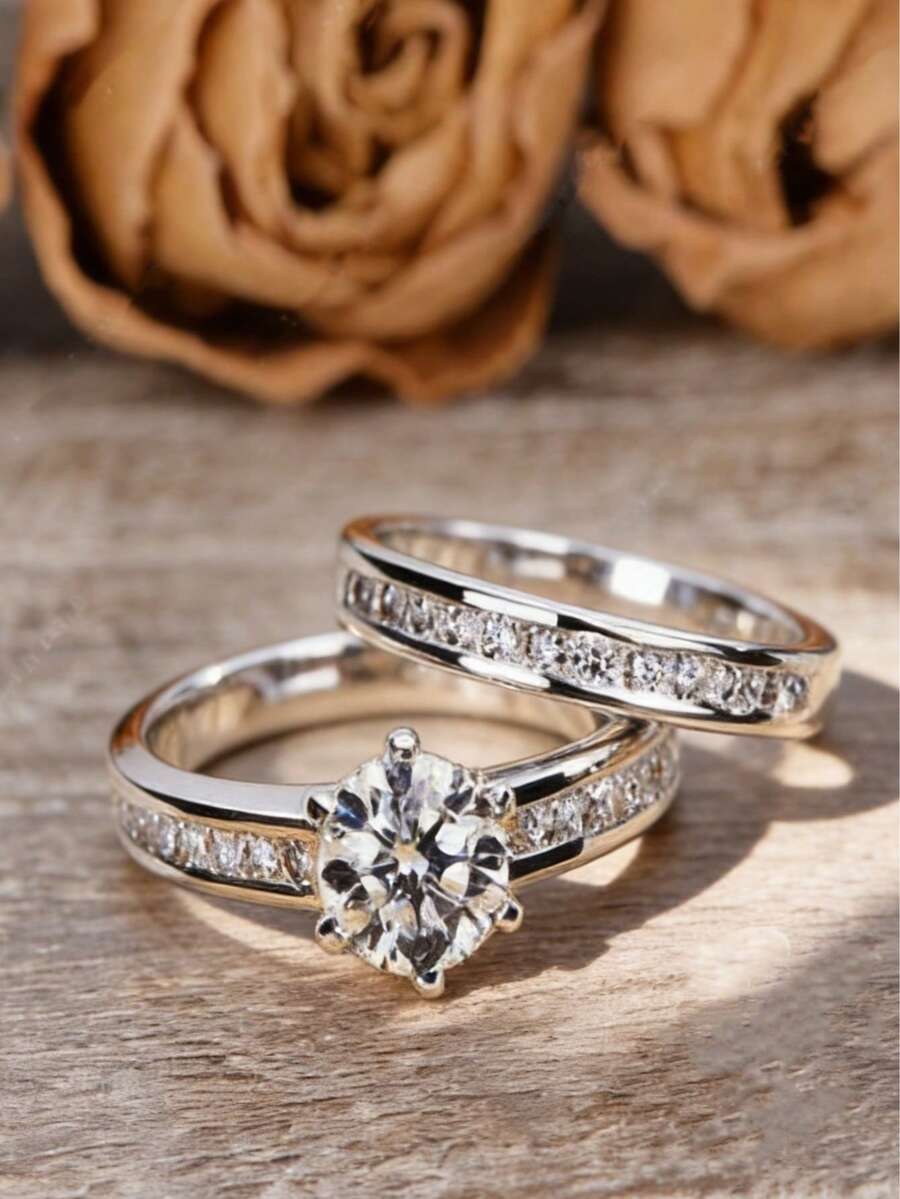 2枚/套 女士合成锆石结婚戒指，适合婚礼、周年纪念、情人节礼物、生日、全年佩戴（不含包装盒） - 戒指 - 查看 1