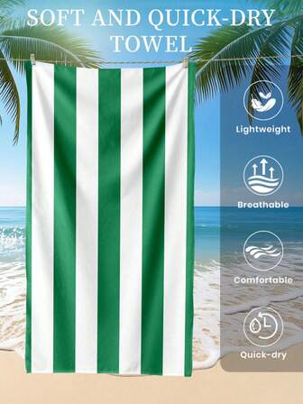 1pc Printed Beach Towel, Deep Green And White Striped Pattern Beach/Pool Towel, Fashionable Style, Super Absorbent Bathroom Towel, Soft And Comfortable Microfiber Towel Suitable For Swimming, Fitness, Yoga, Lightweight And Portable