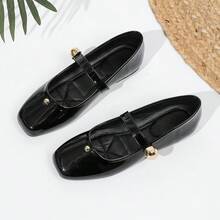 方头软底奶奶鞋，玛丽珍式平底鞋，带绑带，复古风，适合搭配连衣裙 - 黑色 - 查看 17