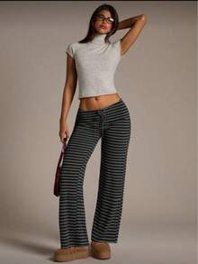 Women's New Ultra Low Waist Black Striped Pants, Suitable For Spring, Summer, Autumn And Winter, Black Pants, All Seasons, Women's Autumn Clothing, Random Striped Print - Black - View 5