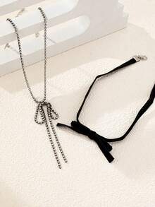 2件套哥特式优雅简约黑色丝绒蝴蝶结水钻项链，适合女性日常佩戴、角色扮演、约会、派对，可搭配蕾丝服装。 - 黑色 - 查看 3