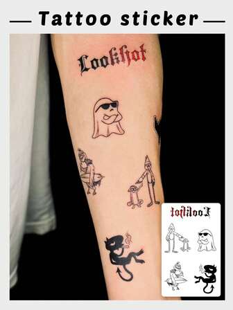 1 Set de Tatuajes Temporales Divertidos de Dibujos Animados - Humor Oscuro Fantasma / Pequeño Diablo / Letras Retro Pegatinas de Tatuaje Impermeable para el Brazo