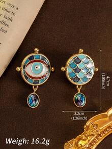 1 Đôi bông tai hình tròn hình học họa tiết mắt và vảy cá cổ điển, men xanh dương lấp lánh, dễ thương, thích hợp cho nữ giới đeo hàng ngày, làm quà tặng và phụ kiện dự tiệc. - Màu xanh lam - Xem 5