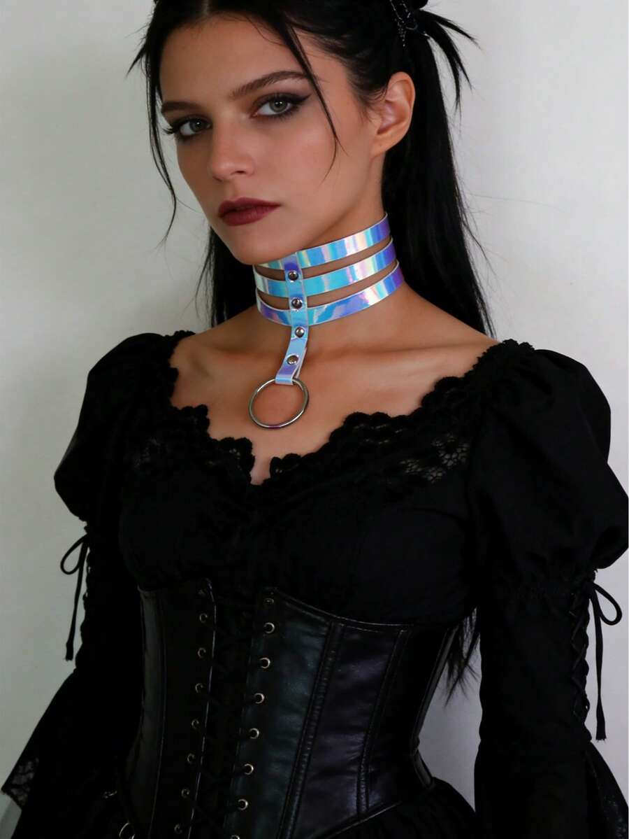 炫彩反光多层金属环项链——前卫Y2K风格宣言项链，派对聚会百搭时尚配饰 - 彩色 - 查看 1