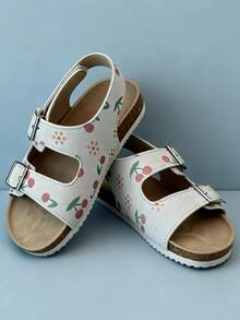 1 Pair Girls' Light Gray & White Cherry Blossom Shoes, Faux Suede Soft Cork Flat Sandals With Dual Metal Buckles + Ankle Strap, Non-Slip Soft Sole, Fresh & Sweet Style, Popular Summer Wear, Fashionable Design, Ideal Children's Sandals Gift - 灰色 - 查看 4
