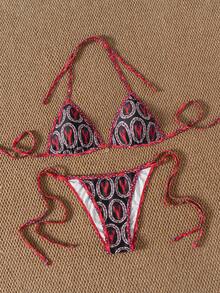 Bộ bikini hai mảnh buộc dây màu đỏ và đen tương phản ngẫu nhiên, in hình tôm càng dễ thương, dành cho nữ. - Nhiều màu - Xem 3