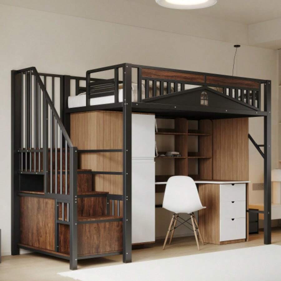 Lit mezzanine en métal 90 x 200 cm, cabine deunique avec fenêtre, échelle de  avec casier, noir, ancienne référence : LDT00275AAB - Noir - Voir 1