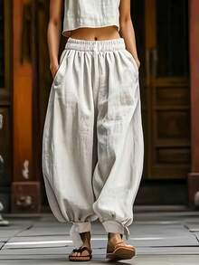 女士梭织阔腿裤，松紧腰带，纽扣设计，休闲舒适 - 杏色 - 查看 1