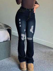 Women's Vintage-Inspired High-Stretch Skinny Jeans - Ripped Detail, Halloween Costumes,Raw Hem, Mid-Rise, Distressed Blue Denim With Slash Pockets, Comfort Fit For All Seasons - Rửa tối - Xem 5