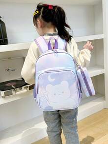 Cartoon Backpack For Teenagers, Cute Bear Print Schoolbag With Pencil Case - Purple - View 7
