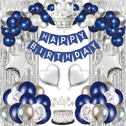 Navy Blue & Silver Happy Birthday Party Decoration Kit For Men, Boys, Women, Girls - Banner, Crown Balloon, Fringe Curtain, Cake Topper - Suitable For 13th, 16th, 18th, 21st, 25th, 40th, 50th, 60th, 70th Birthday Party,Christmas