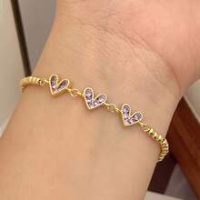 18K镀金铜锆石心形可调节珠链手链，时尚优雅，男女皆宜，适合日常佩戴、约会、节日等场合。