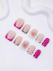 10pcs-Y2K Press On Nail, Short Square Duck Nails, 100%Handmade, Reusable, Rose Red Nails, Nude Color, Paired With French, 3D, Cross, Little Snake, Suitable For Daily Wear, Parties, And Also The Best Valentine's Day Gift For Girls And Women - Hot Pink - View 2