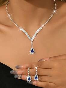 3pcs/4pcs/5pcs/Set Water Droplet Design Necklace+Earrings+Bracelet+Ring Luxury Zirconia Jewelry Set Suitable For High-End Evening Dresses, High-End Banquets, And Gift Giving. - 3pcs/set - View 16