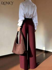 DONICY Quần nữ mùa xuân/hè mới, màu đỏ tía trơn, cạp cao, ống đứng có túi, kiểu dáng thời trang cổ điển thanh lịch tối giản, phù hợp cho mặc hàng ngày, đi làm, hẹn hò, mua sắm, triển lãm và các dịp khác. - Màu Đỏ Sâu - Xem 2