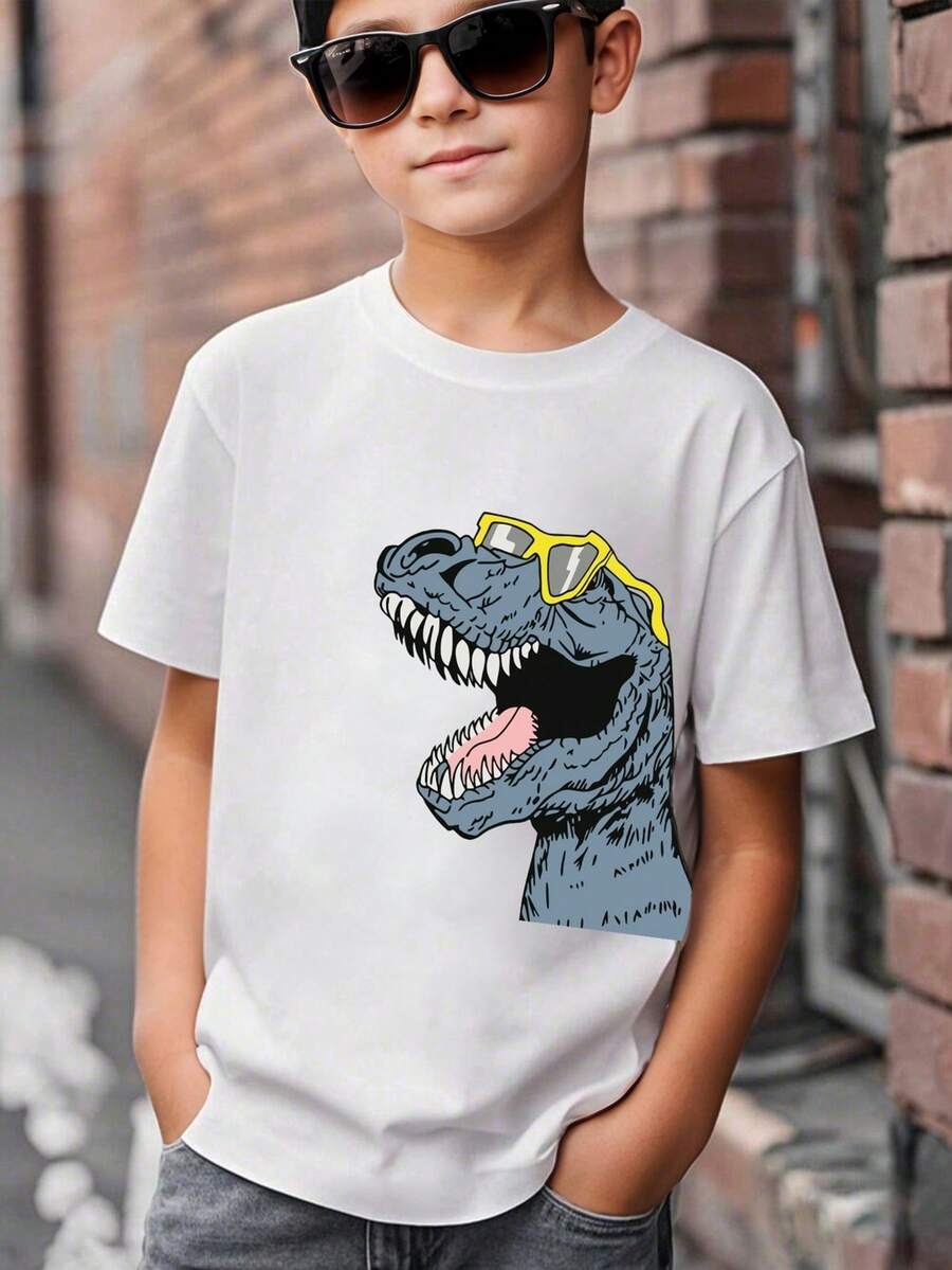 Tween Boys' Casual Cartoon Dinosaur Print Short Sleeve T-Shirt, Summer - White - View 1