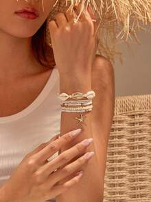 7pcs/Set Girls' Versatile Bohemian Style Glass Beads, Alloy Starfish & Shell Decor Bracelets (Bead Colors Randomly Assorted) - White - View 1