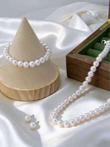 4-Piece Set Of Stylish, Minimalist, And Elegant Faux Pearl Necklace, Bracelet, Earrings, And Jewelry Set, Perfect For Evening Parties, Dates, Gatherings, And Celebrations - White - View 7