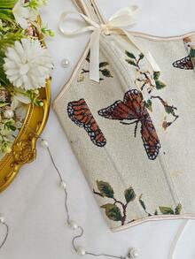 Y2K Floral Print Crop Top - Adjustable Lace-Up Back Bustier - Apricot - View 6