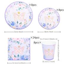 Lila Schmetterling Krone Einweg-Geschirr Set, inklusive 18/23 cm Pappteller, Pappbecher, Papierservietten, geeignet für Geburtstagsfeiern, Festivals, Zusammenkünfte, Picknicks, Feierlichkeiten, Hochzeitstees, Abschlussfeiern - Verschiedenfarbig - Übersicht 14