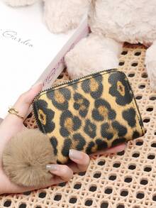 With A Pom-Pom Charm,Leopard Print Pattern Versatile Coin Wallet,Zipper Card Holder Multi-Card Card Organizer For Storage Credit Cards,Lightweight Minimalist,Fashion,Modern,Business,For Anniversary,For Christmas,On Valentine Day,For Birthday Gift,For Gift,For Lover For Women,For Girls,For Lady,For Female,Bag School Supplies For School Dorm Room & Back To School - Khaki - View 10