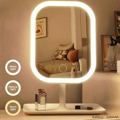 LED Makeup Mirror With Front Lights, 3 Lighting Modes, Rechargeable Battery, Storage Base, Touch Control, Foldable & Portable, Suitable For Student Dorm And Daily Use