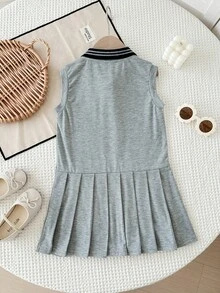 Girls' Gray Polo Collar Sleeveless Dress, School Style Contrast Stripe Lapel Pleated Dress, Toddler Embroidered Bow Casual A-Line Dress - Grey - View 3