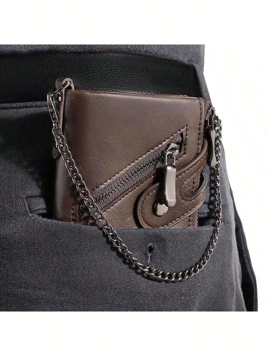 CAIBAOLAI Ví nam giả da kiểu cổ điển có chức năng chống RFID, thiết kế dạng dây xích, khóa kéo đôi, dung lượng chứa thẻ lớn. - Nhiều màu - Xem 1