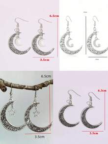 一对复古镂空月亮五芒星设计耳环，时尚复古五芒星月亮耳环 - 彩色 - 查看 11