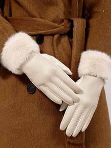 زوج من قفازات النساء الأنيقة اللون الأحادي للشارع الكاجوال من البوليستر بدون أصابع، خريف/شتاء - أبيض - مشاهدة 3