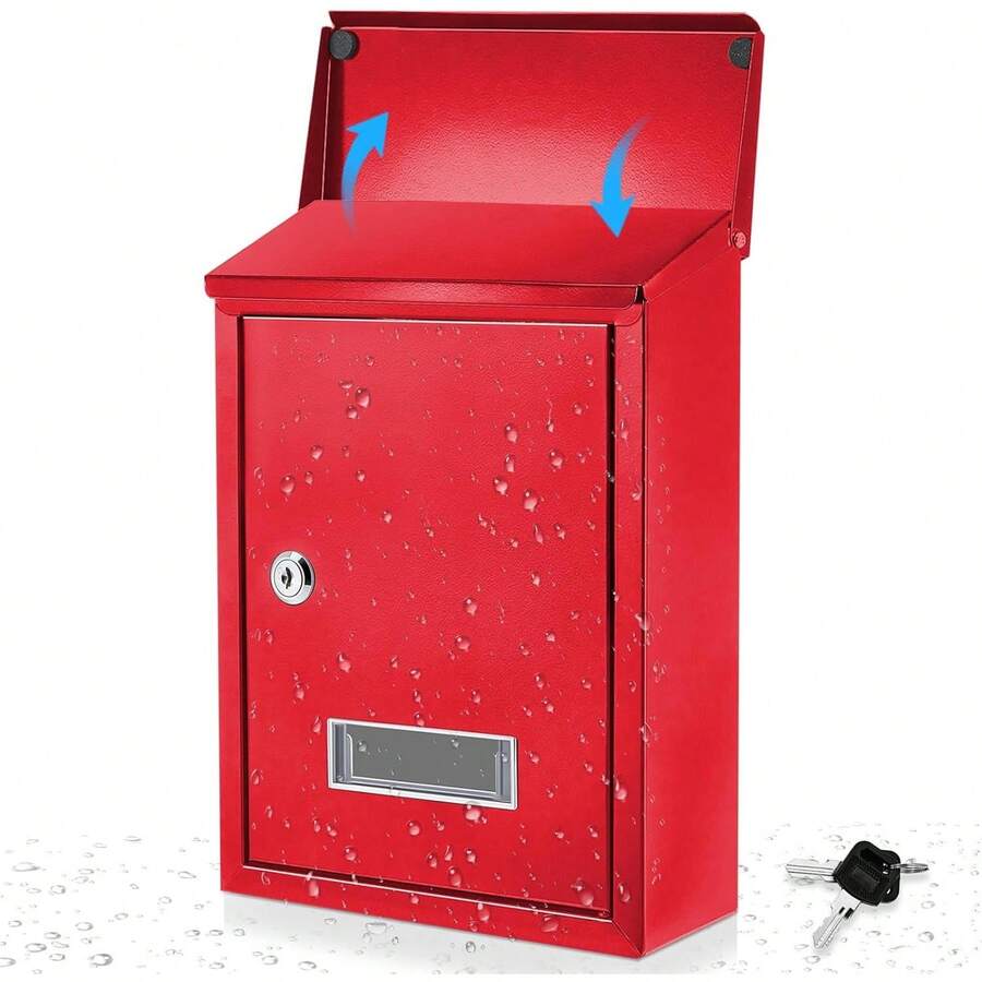 Caja de donaciones metálica con llave Buzón con cerradura Caja de sugerencias Urna segura montada en pared con ranura - Rojo - Ver 1