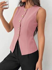 Women Summer Elegant Sleeveless Front Button Round Neck Blazer Casual Old Money Business Work Office Vest Dressy Tops Outfits - Hồng - Xem 3