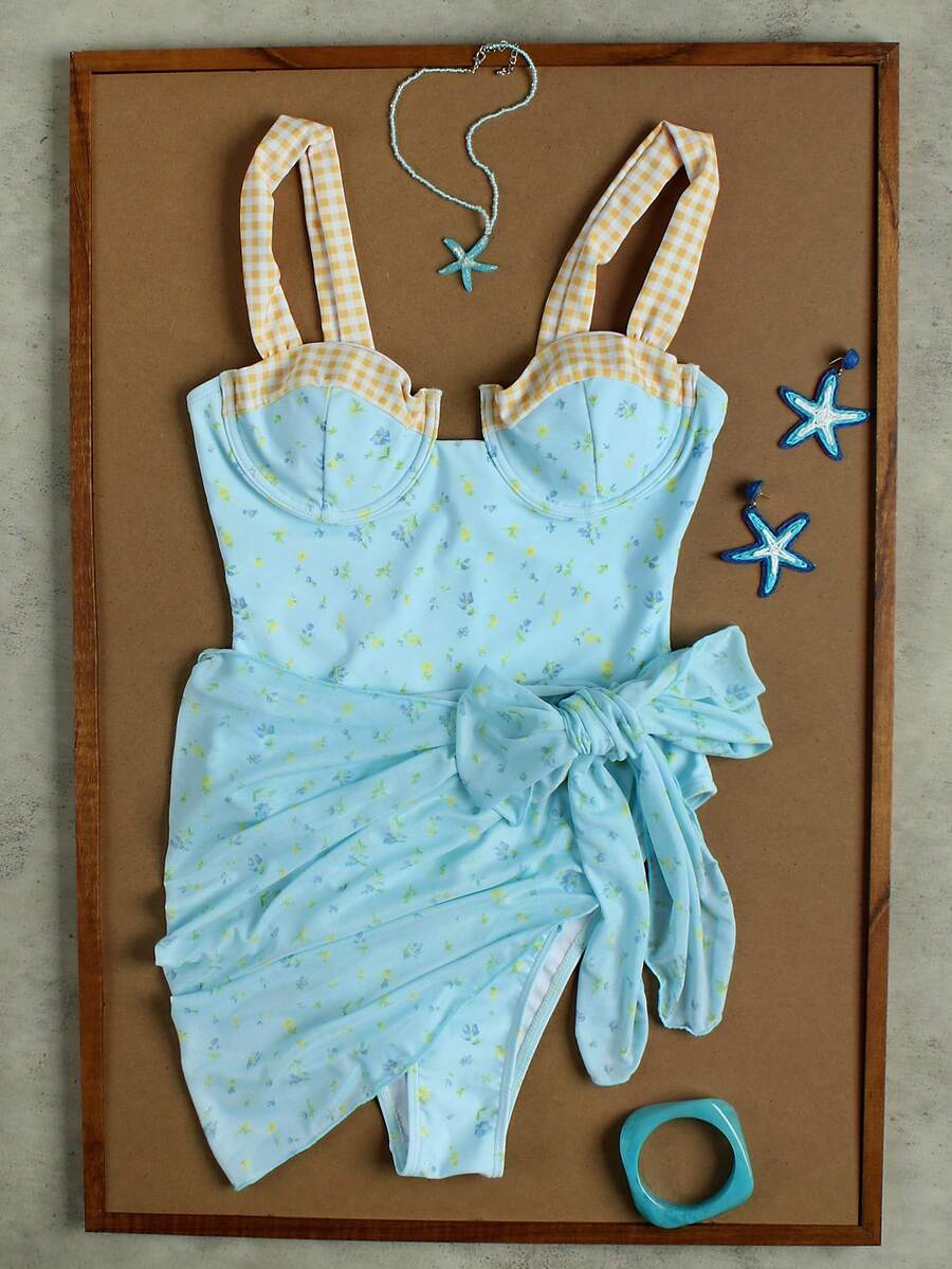 Women's Light Blue Floral Plaid Spaghetti Strap Bikini, Sweet Girl Vacation Style Two Pieces Swimsuit, 2026 Spring/Summer Beach Wear - Multicolor - View 1