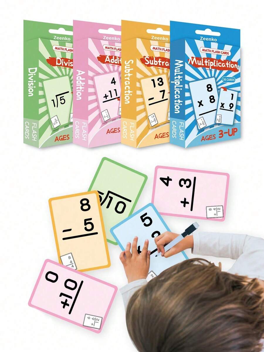 36pcs/Set Early Learning Addition, Subtraction, Multiplication, Division Flash Cards, Reusable Vertical Calculation Learning Cards, Math Learning Educational Cards, Colorful Flashcards Visual Education Tool For School, Students, Stationery, School Supplies, Back To School, Christmas Gift, Home Education