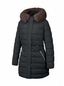 Plus Size Women's Hooded Down Jacket With Faux Fur Collar, Autumn/Winter - Đen (nâu) - Xem 2