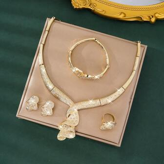 Juego de 5 piezas de joyería de mujer chapada en oro con conchas marinas completamente enjoyadas con rhinestones, elegante para bodas, compromisos y festivales