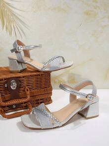 5cm Thick Heel Glitter Criss-Cross Strap High Heel Sandals, Fashionable & Elegant - Silver - View 6