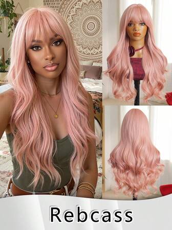 【红棕色/红色/灰色卷发假发】28英寸红棕色长卷曲波浪合成假发 - 带刘海，女士款 - 日常佩戴、角色扮演、家庭聚会、节日、派对、装扮、情人节