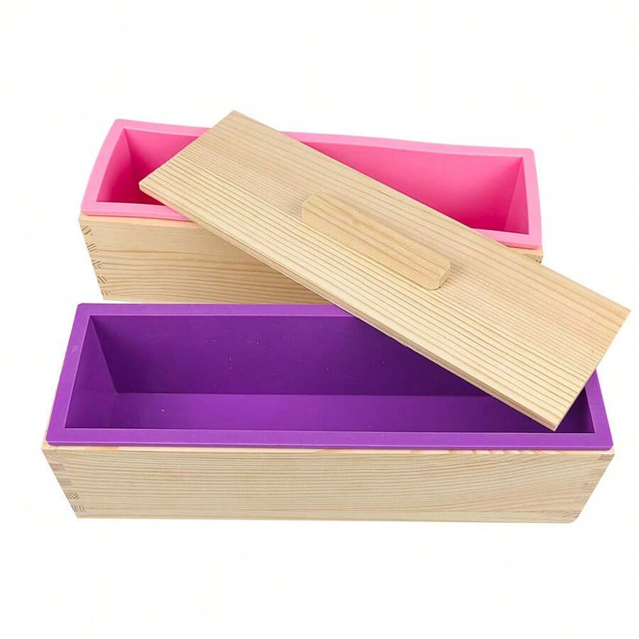 1.2-Liter Rectangular Long-Barrel Wooden Box With Silicone Inner Liner, Lid, Handcrafted Soap Rendering Silicone Mold - Purple - View 1