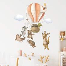 BRUP 1张可爱卡通动物热气球儿童墙贴，可移除，适用于婴儿房、游戏室装饰，带有梦幻云朵、星星、月亮和花朵图案。 - 彩色 - 查看 11