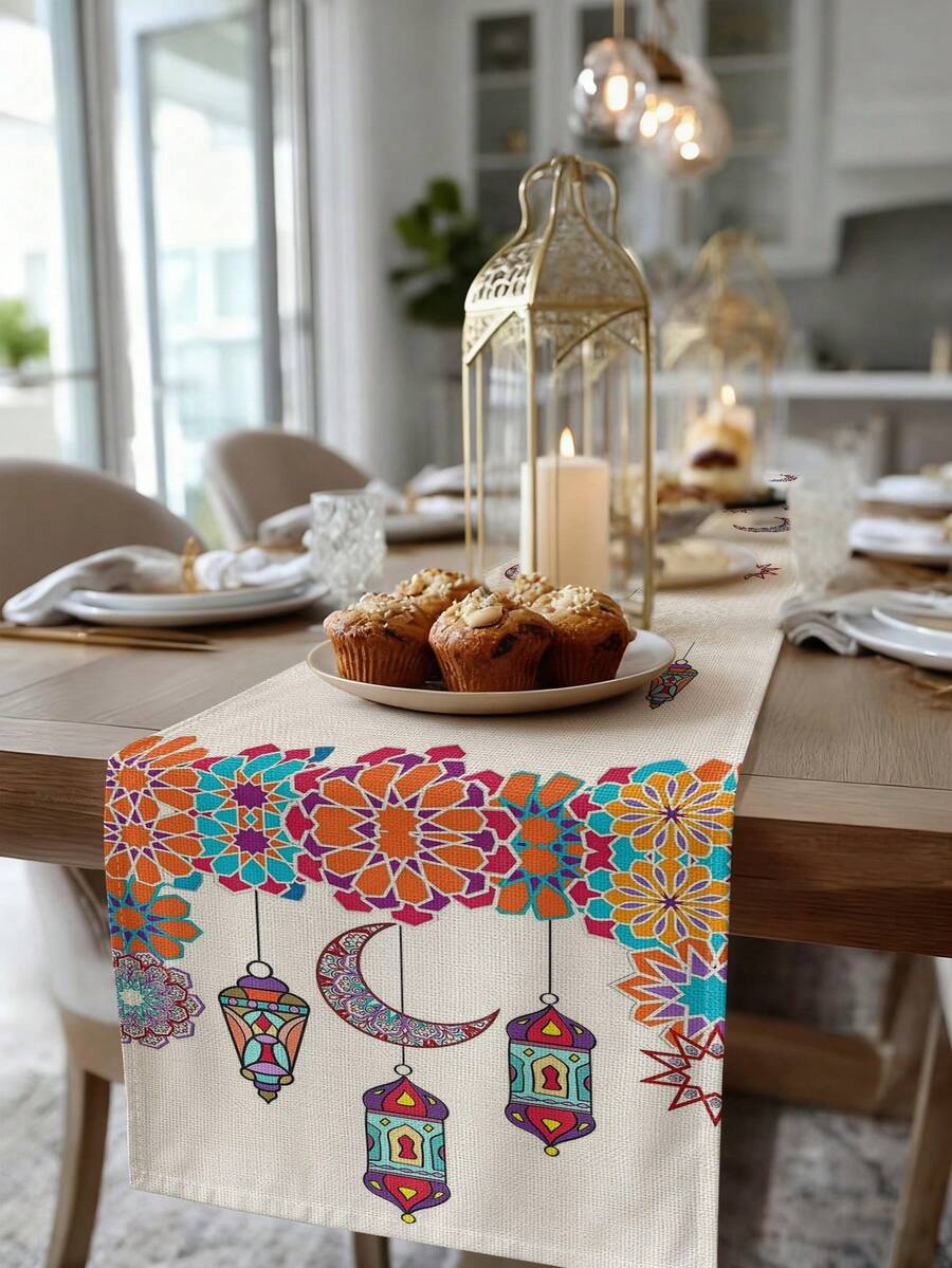 1pc Ramadan Crescent Moon Pattern Table Runner, Ramadan Home Decor Table Runner, Islamic Home Decor, 1pc Table Runner, 4pcs Placemats, 1pc Cushion Cover, 3 Products Available, Home Decor Indoor/Outdoor Party Supplies, Room Decoration. Suitable For Ramadan Home Kitchen Decor And Ramadan Event Party Decoration - Multicolor - View 1