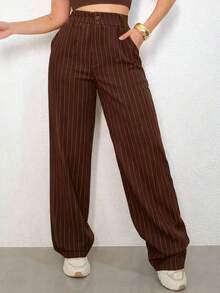LIN SERVIÇOS, REF: H932 - Women's Striped High-Waisted, Wide-Leg Trousers, Ideal For Casual And Formal Looks. Lightweight, Stylish And Elegant, They Offer Comfort And Sophistication For Various Occasions. - 巧克力棕 - 查看 6